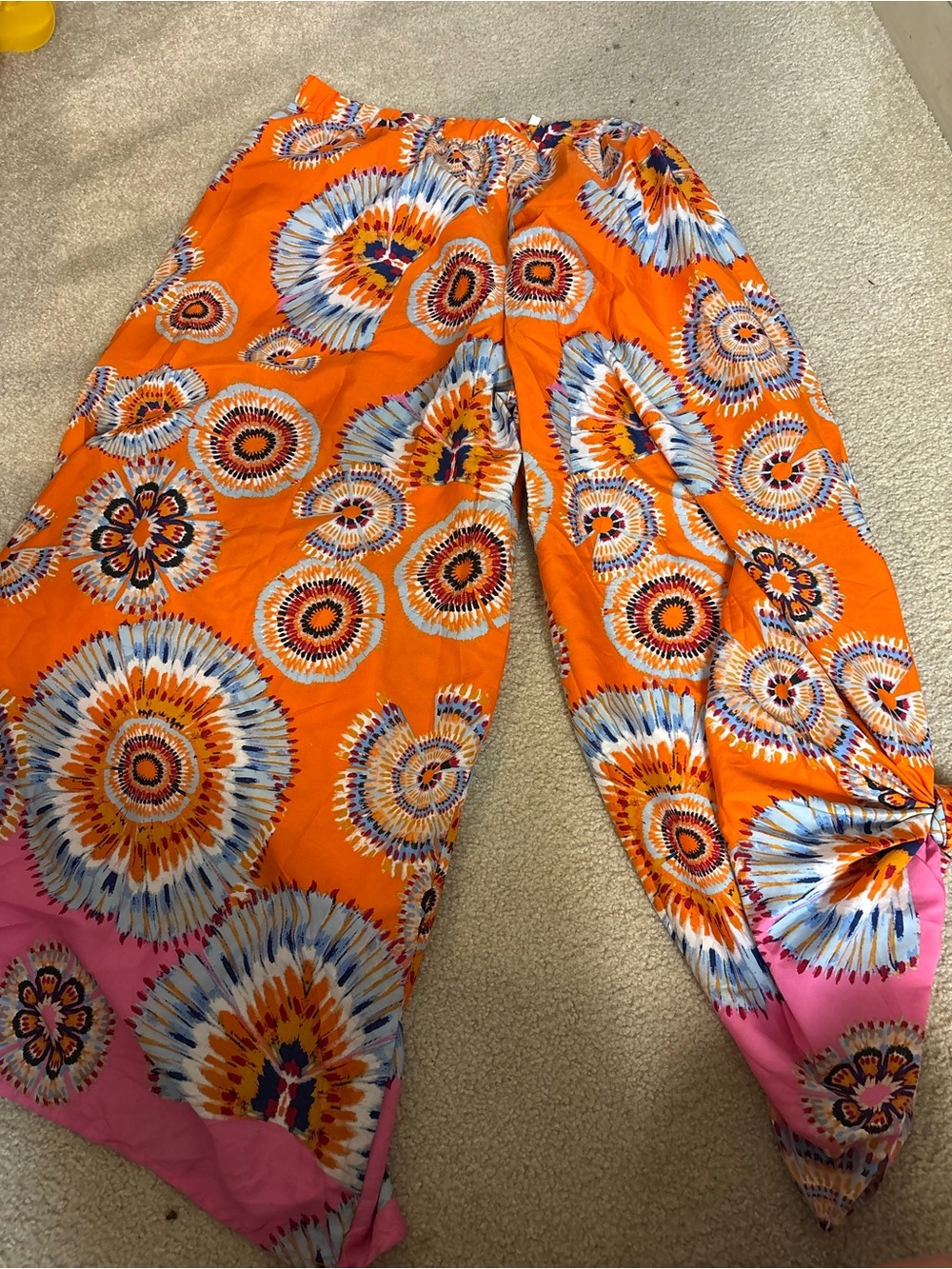 Truth Orange Wide-Leg Floral Print Pants with Pink Hem